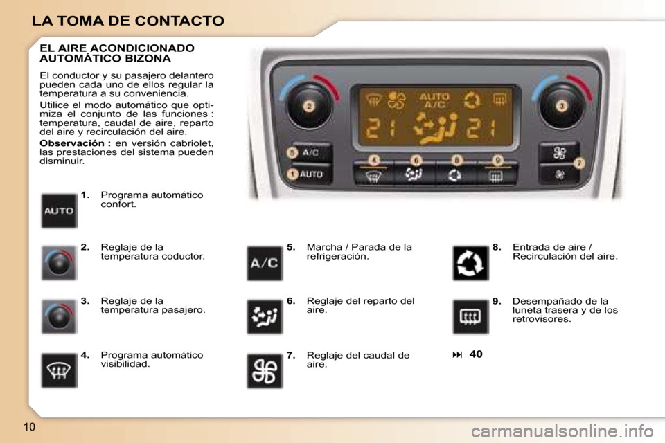 Peugeot 307 CC 2006  Manual del propietario (in Spanish) �1�0
�L�A� �T�O�M�A� �D�E� �C�O�N�T�A�C�T�O
�� �4�0
�1�.�  �P�r�o�g�r�a�m�a� �a�u�t�o�m�á�t�i�c�o�  
�c�o�n�f�o�r�t�.
�E�L� �A�I�R�E� �A�C�O�N�D�I�C�I�O�N�A�D�O�  
�A�U�T�O�M�Á�T�I�C�O� �B�I�Z�O�