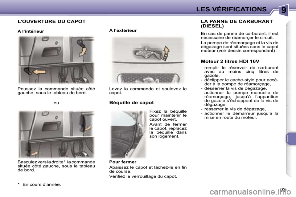 Peugeot 307 CC 2006  Manuel du propriétaire (in French) �9�L�E�S� �V�É�R�I�F�I�C�A�T�I�O�N�S
�9�3
�P�o�u�s�s�e�z�  �l�a�  �c�o�m�m�a�n�d�e�  �s�i�t�u�é�e�  �c�ô�t�é�  
�g�a�u�c�h�e�,� �s�o�u�s� �l�e� �t�a�b�l�e�a�u� �d�e� �b�o�r�d�.�L�e�v�e�z�  �l�a�  