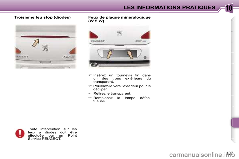 Peugeot 307 CC 2006  Manuel du propriétaire (in French) �1�0�L�E�S� �I�N�F�O�R�M�A�T�I�O�N�S� �P�R�A�T�I�Q�U�E�S
�1�0�7
�T�o�u�t�e�  �i�n�t�e�r�v�e�n�t�i�o�n�  �s�u�r�  �l�e�s�  
�f�e�u�x�  �à�  �d�i�o�d�e�s�  �d�o�i�t�  �ê�t�r�e� 
�e�f�f�e�c�t�u�é�e�  