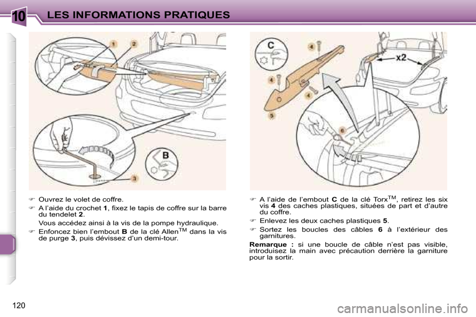 Peugeot 307 CC 2006  Manuel du propriétaire (in French) �1�0�L�E�S� �I�N�F�O�R�M�A�T�I�O�N�S� �P�R�A�T�I�Q�U�E�S
�1�2�0
��  �O�u�v�r�e�z� �l�e� �v�o�l�e�t� �d�e� �c�o�f�f�r�e�.
� �  �A� �l�’�a�i�d�e� �d�u� �c�r�o�c�h�e�t�  �1�,� �ﬁ�x�e�z� �l�e� �