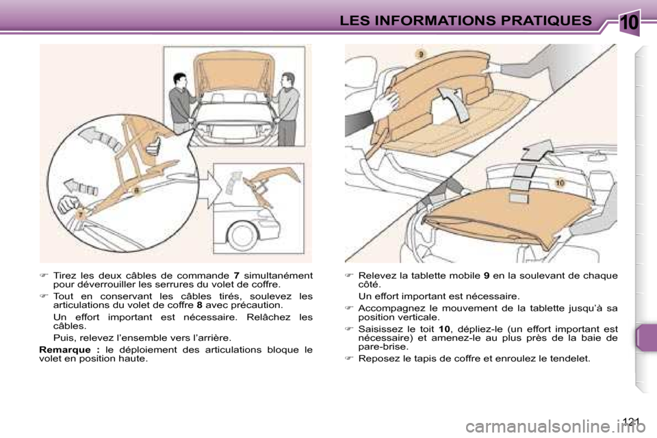 Peugeot 307 CC 2006  Manuel du propriétaire (in French) �1�0�L�E�S� �I�N�F�O�R�M�A�T�I�O�N�S� �P�R�A�T�I�Q�U�E�S
�1�2�1
��  �T�i�r�e�z�  �l�e�s�  �d�e�u�x�  �c�â�b�l�e�s�  �d�e�  �c�o�m�m�a�n�d�e�  �7�  �s�i�m�u�l�t�a�n�é�m�e�n�t� 
�p�o�u�r� �d�é�v�e