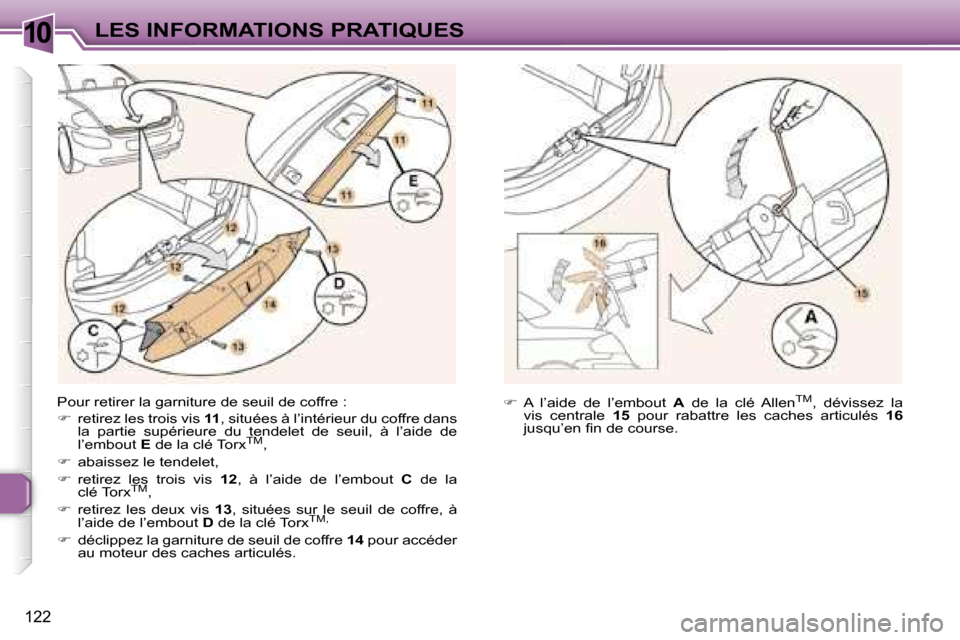 Peugeot 307 CC 2006  Manuel du propriétaire (in French) �1�0�L�E�S� �I�N�F�O�R�M�A�T�I�O�N�S� �P�R�A�T�I�Q�U�E�S
�1�2�2
�P�o�u�r� �r�e�t�i�r�e�r� �l�a� �g�a�r�n�i�t�u�r�e� �d�e� �s�e�u�i�l� �d�e� �c�o�f�f�r�e� �: 
��  �r�e�t�i�r�e�z� �l�e�s� �t�r�o�i�s�