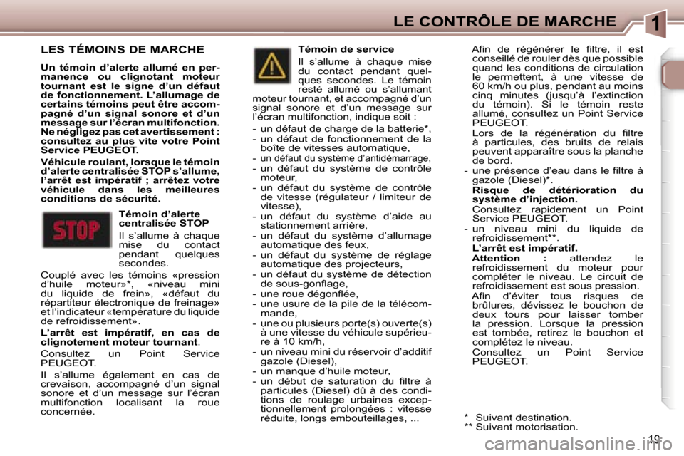 Peugeot 307 CC 2006  Manuel du propriétaire (in French) �1�L�E� �C�O�N�T�R�Ô�L�E� �D�E� �M�A�R�C�H�E
�1�9
�L�E�S� �T�É�M�O�I�N�S� �D�E� �M�A�R�C�H�E
�U�n�  �t�é�m�o�i�n�  �d�’�a�l�e�r�t�e�  �a�l�l�u�m�é�  �e�n�  �p�e�r�- 
�m�a�n�e�n�c�e�  �o�u�  �c�l