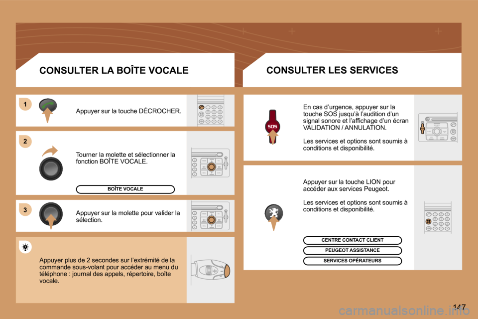 Peugeot 307 CC 2006  Manuel du propriétaire (in French) �1 
�2 
�3
�1�4�7
�T�o�u�r�n�e�r� �l�a� �m�o�l�e�t�t�e� �e�t� �s�é�l�e�c�t�i�o�n�n�e�r� �l�a�  
�f�o�n�c�t�i�o�n� �B�O�Î�T�E� �V�O�C�A�L�E�.
�A�p�p�u�y�e�r� �s�u�r� �l�a� �t�o�u�c�h�e� �D�É�C�R�O�C