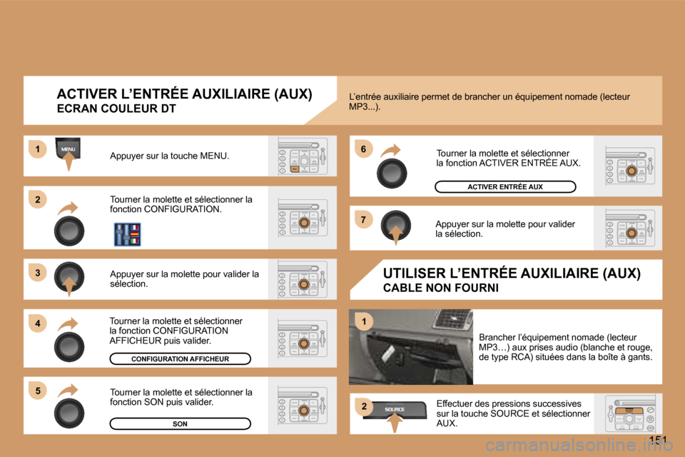 Peugeot 307 CC 2006  Manuel du propriétaire (in French) �2 
�3 
�4�5 �6 
�7
�1
�1
�2
�1�5�1
�A�C�T�I�V�E�R� �L�’�E�N�T�R�É�E� �A�U�X�I�L�I�A�I�R�E� �(�A�U�X�)
�E�C�R�A�N� �C�O�U�L�E�U�R� �D�T
�A�p�p�u�y�e�r� �s�u�r� �l�a� �t�o�u�c�h�e� �M�E�N�U�. 
�T�o�