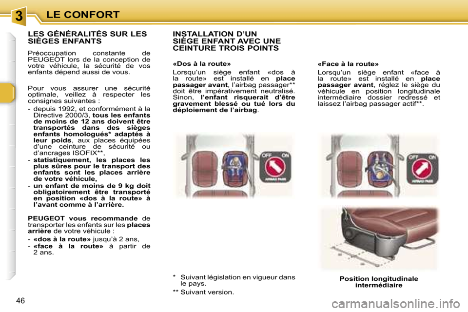 Peugeot 307 CC 2006  Manuel du propriétaire (in French) �3�L�E� �C�O�N�F�O�R�T
�4�6
�«�F�a�c�e� �à� �l�a� �r�o�u�t�e�» 
�L�o�r�s�q�u�’�u�n�  �s�i�è�g�e�  �e�n�f�a�n�t�  �«�f�a�c�e�  �à�  
�l�a�  �r�o�u�t�e�»�  �e�s�t�  �i�n�s�t�a�l�l�é�  �e�n� �p