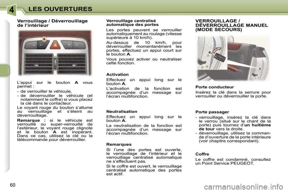 Peugeot 307 CC 2006  Manuel du propriétaire (in French) �4�L�E�S� �O�U�V�E�R�T�U�R�E�S
�6�0
�L�’�a�p�p�u�i�  �s�u�r�  �l�e�  �b�o�u�t�o�n� �A�  �v�o�u�s� 
�p�e�r�m�e�t� �: 
�-�  �d�e� �v�e�r�r�o�u�i�l�l�e�r� �l�e� �v�é�h�i�c�u�l�e�, 
�-�  �d�e�  �d�é�v