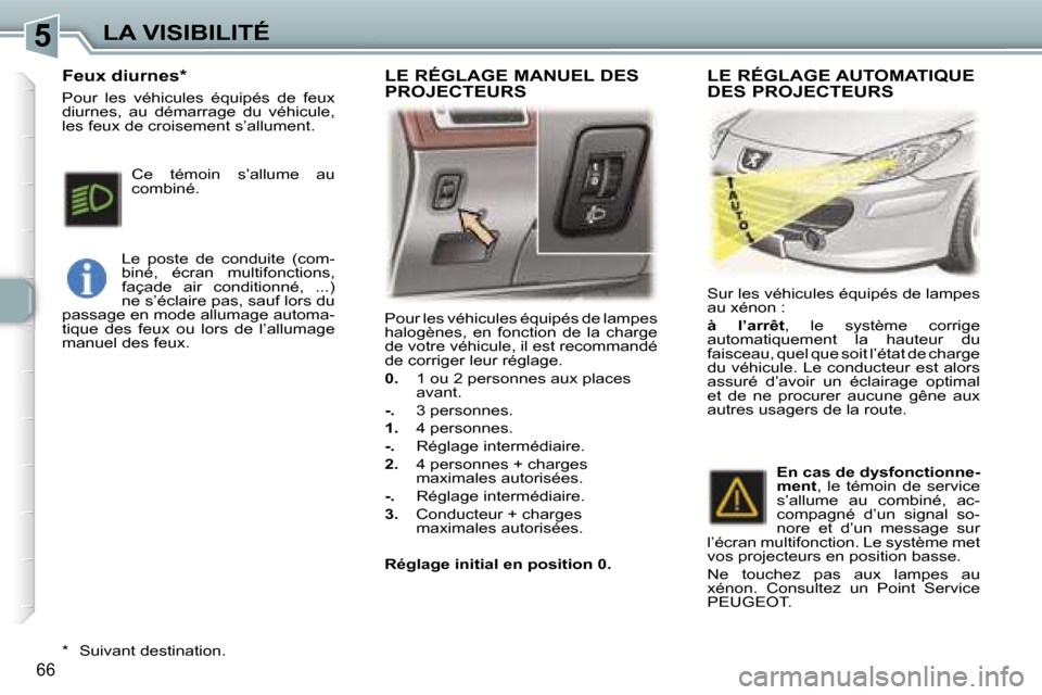 Peugeot 307 CC 2006  Manuel du propriétaire (in French) �5�L�A� �V�I�S�I�B�I�L�I�T�É
�6�6
�P�o�u�r� �l�e�s� �v�é�h�i�c�u�l�e�s� �é�q�u�i�p�é�s� �d�e� �l�a�m�p�e�s�  
�h�a�l�o�g�è�n�e�s�,�  �e�n�  �f�o�n�c�t�i�o�n�  �d�e�  �l�a�  �c�h�a�r�g�e� 
�d�e� �
