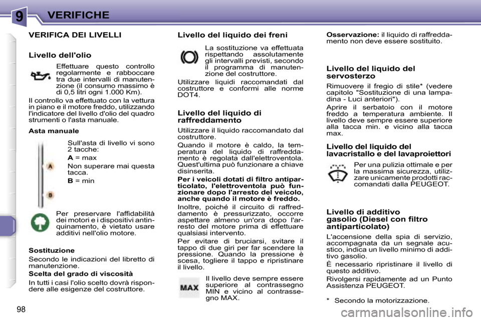 Peugeot 307 CC 2006  Manuale del proprietario (in Italian) �9�V�E�R�I�F�I�C�H�E
�9�8
�V�E�R�I�F�I�C�A� �D�E�I� �L�I�V�E�L�L�I
�S�u�l�l��a�s�t�a� �d�i� �l�i�v�e�l�l�o� �v�i� �s�o�n�o�  
�2� �t�a�c�c�h�e�: 
�A� �=� �m�a�x
�N�o�n� �s�u�p�e�r�a�r�e� �m�a�i� �q�u