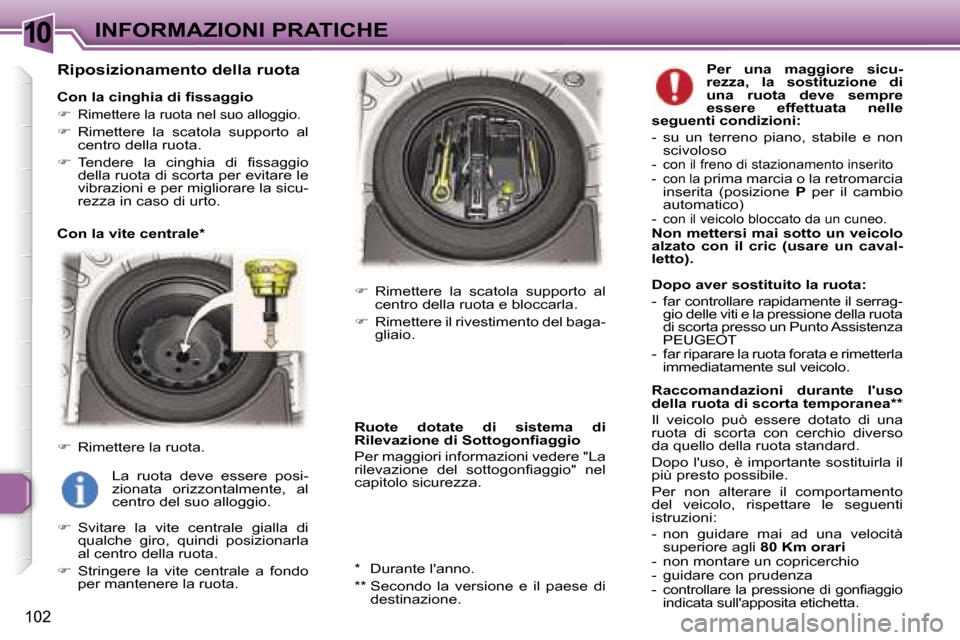Peugeot 307 CC 2006  Manuale del proprietario (in Italian) �1�0�I�N�F�O�R�M�A�Z�I�O�N�I� �P�R�A�T�I�C�H�E
�1�0�2
�R�i�p�o�s�i�z�i�o�n�a�m�e�n�t�o� �d�e�l�l�a� �r�u�o�t�a
�C�o�n� �l�a� �c�i�n�g�h�i�a� �d�i� �f�i�s�s�a�g�g�i�o 
�� 
�R�i�m�e�t�t�e�r�e� �l�a� 