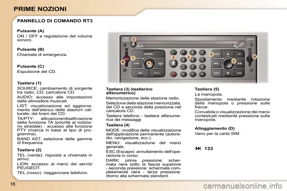 Peugeot 307 CC 2006  Manuale del proprietario (in Italian) �1�6
�P�R�I�M�E� �N�O�Z�I�O�N�I
�P�A�N�N�E�L�L�O� �D�I� �C�O�M�A�N�D�O� �R�T�3
�T�a�s�t�i�e�r�a� �(�3�)� �(�t�a�s�t�i�e�r�i�n�o�  
�a�l�f�a�n�u�m�e�r�i�c�o�) 
�M�e�m�o�r�i�z�z�a�z�i�o�n�e� �d�e�l�l�a�