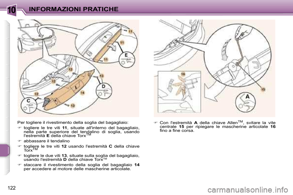 Peugeot 307 CC 2006  Manuale del proprietario (in Italian) �1�0�I�N�F�O�R�M�A�Z�I�O�N�I� �P�R�A�T�I�C�H�E
�1�2�2
�P�e�r� �t�o�g�l�i�e�r�e� �i�l� �r�i�v�e�s�t�i�m�e�n�t�o� �d�e�l�l�a� �s�o�g�l�i�a� �d�e�l� �b�a�g�a�g�l�i�a�i�o�: 
��  �t�o�g�l�i�e�r�e�  �l�e