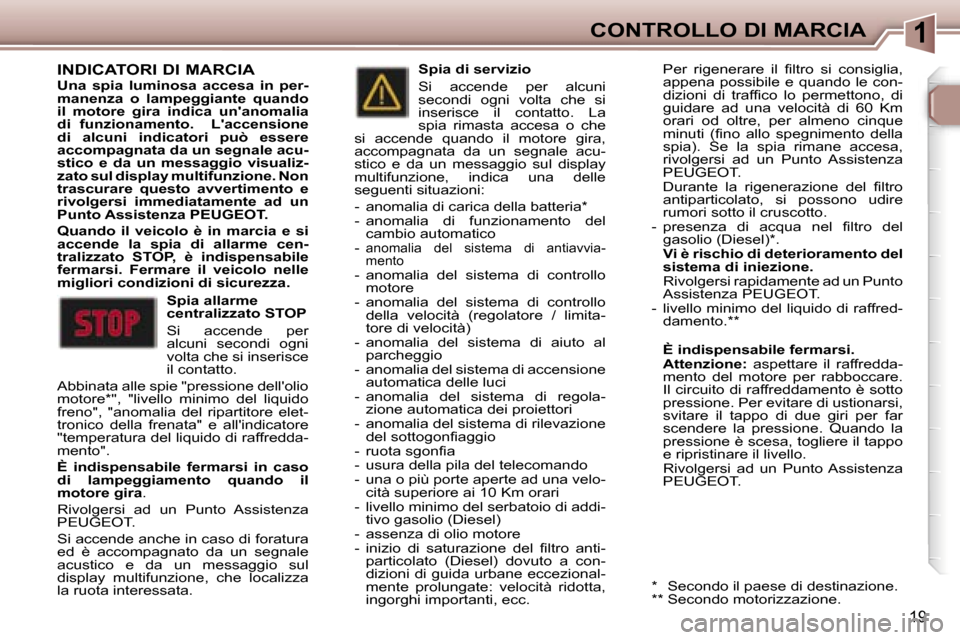 Peugeot 307 CC 2006  Manuale del proprietario (in Italian) �1�C�O�N�T�R�O�L�L�O� �D�I� �M�A�R�C�I�A
�1�9
�I�N�D�I�C�A�T�O�R�I� �D�I� �M�A�R�C�I�A� �U�n�a�  �s�p�i�a�  �l�u�m�i�n�o�s�a�  �a�c�c�e�s�a�  �i�n�  �p�e�r�- 
�m�a�n�e�n�z�a�  �o�  �l�a�m�p�e�g�g�i�a�