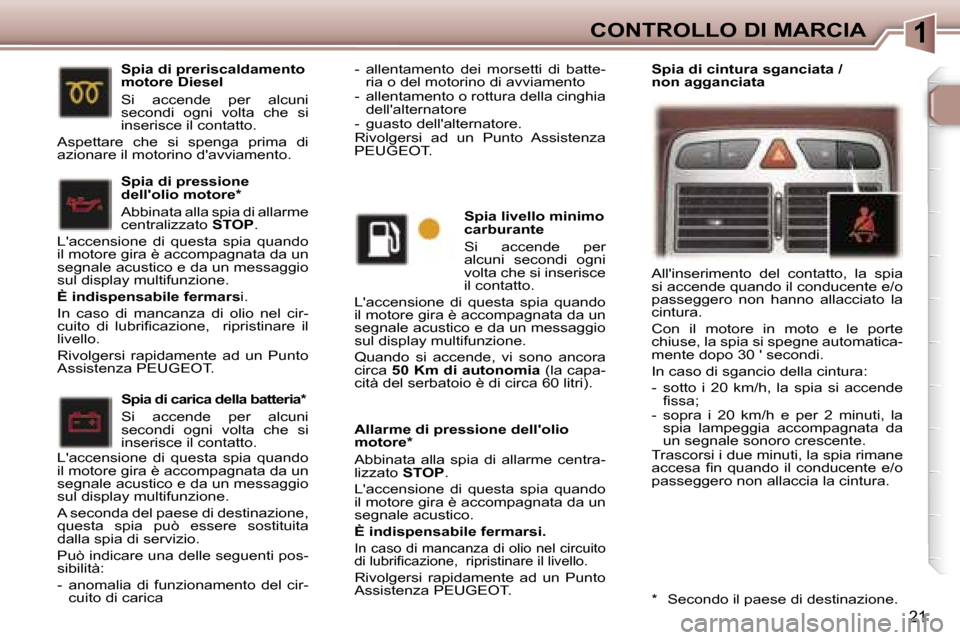 Peugeot 307 CC 2006  Manuale del proprietario (in Italian) �1�C�O�N�T�R�O�L�L�O� �D�I� �M�A�R�C�I�A
�2�1
�A�l�l�a�r�m�e� �d�i� �p�r�e�s�s�i�o�n�e� �d�e�l�l��o�l�i�o�  
�m�o�t�o�r�e�* 
�A�b�b�i�n�a�t�a�  �a�l�l�a�  �s�p�i�a�  �d�i�  �a�l�l�a�r�m�e�  �c�e�n�t�