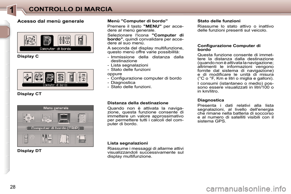 Peugeot 307 CC 2006  Manuale del proprietario (in Italian) �1�C�O�N�T�R�O�L�L�O� �D�I� �M�A�R�C�I�A
�2�8
�A�c�e�s�s�o� �d�a�l� �m�e�n�ù� �g�e�n�e�r�a�l�e
�D�i�s�p�l�a�y� �C 
�D�i�s�p�l�a�y� �C�T 
�D�i�s�p�l�a�y� �D�T�M�e�n�ù� �"�C�o�m�p�u�t�e�r� �d�i� �b�o�