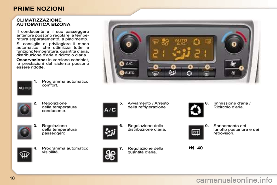 Peugeot 307 CC 2006  Manuale del proprietario (in Italian) �1�0
�P�R�I�M�E� �N�O�Z�I�O�N�I�
� �4�0
�1�. �  �P�r�o�g�r�a�m�m�a� �a�u�t�o�m�a�t�i�c�o� 
�c�o�m�f�o�r�t�.
�C�L�I�M�A�T�I�Z�Z�A�Z�I�O�N�E�  
�A�U�T�O�M�A�T�I�C�A� �B�I�Z�O�N�A
�I�l�  �c�o�n�d�u�c�
