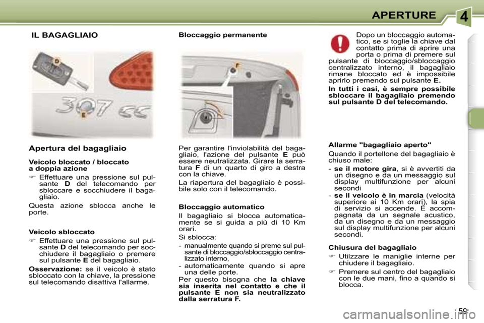Peugeot 307 CC 2006  Manuale del proprietario (in Italian) �4�A�P�E�R�T�U�R�E
�5�9
�V�e�i�c�o�l�o� �s�b�l�o�c�c�a�t�o 
��  �E�f�f�e�t�t�u�a�r�e�  �u�n�a�  �p�r�e�s�s�i�o�n�e�  �s�u�l�  �p�u�l�-
�s�a�n�t�e�  �D� �d�e�l� �t�e�l�e�c�o�m�a�n�d�o� �p�e�r� �s�o�