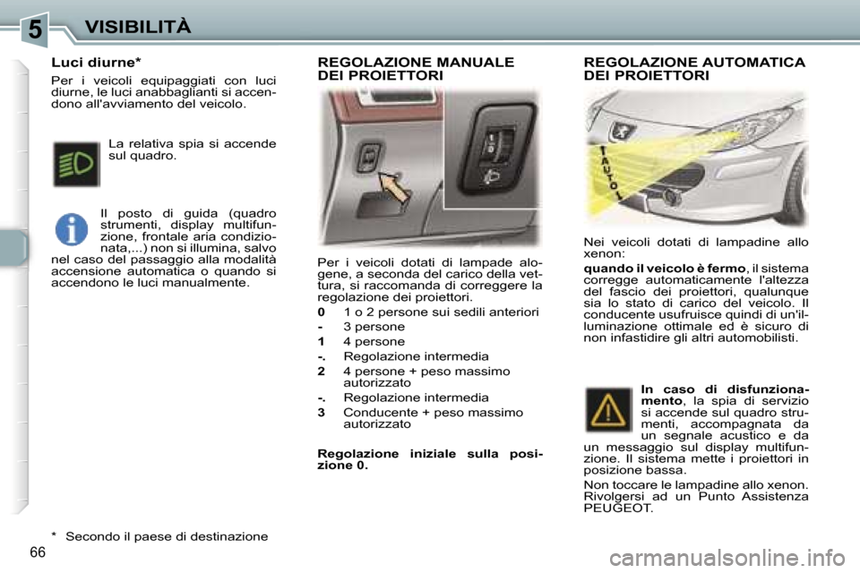 Peugeot 307 CC 2006  Manuale del proprietario (in Italian) �5�V�I�S�I�B�I�L�I�T�À
�6�6
�P�e�r�  �i�  �v�e�i�c�o�l�i�  �d�o�t�a�t�i�  �d�i�  �l�a�m�p�a�d�e�  �a�l�o�- 
�g�e�n�e�,� �a� �s�e�c�o�n�d�a� �d�e�l� �c�a�r�i�c�o� �d�e�l�l�a� �v�e�t�-
�t�u�r�a�,� �s�i