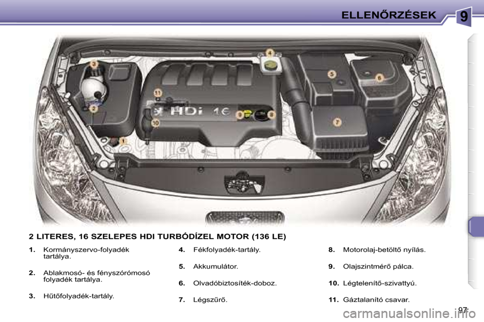 Peugeot 307 CC 2006  Kezelési útmutató (in Hungarian) �9�E�L�L�E�N4�R�Z�É�S�E�K
�9�7
�1�.�  �K�o�r�m�á�n�y�s�z�e�r�v�o�-�f�o�l�y�a�d�é�k� 
�t�a�r�t�á�l�y�a�.
�2�. �  �A�b�l�a�k�m�o�s�ó�-� �é�s� �f�é�n�y�s�z�ó�r�ó�m�o�s�ó� 
�f�o�l�y�a�d�é�k� �