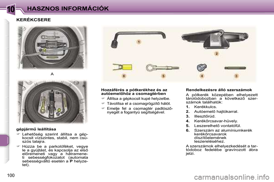 Peugeot 307 CC 2006  Kezelési útmutató (in Hungarian) �1�0�H�A�S�Z�N�O�S� �I�N�F�O�R�M�Á�C�I�Ó�K
�1�0�0
�H�o�z�z�á�f�é�r�é�s� �a� �p�ó�t�k�e�r�é�k�h�e�z� �é�s� �a�z�  
�a�u�t�ó�e�m�e�l5�h�ö�z� �a� �c�s�o�m�a�g�t�é�r�b�e�n 
�� 
�Á�l�l�í�t