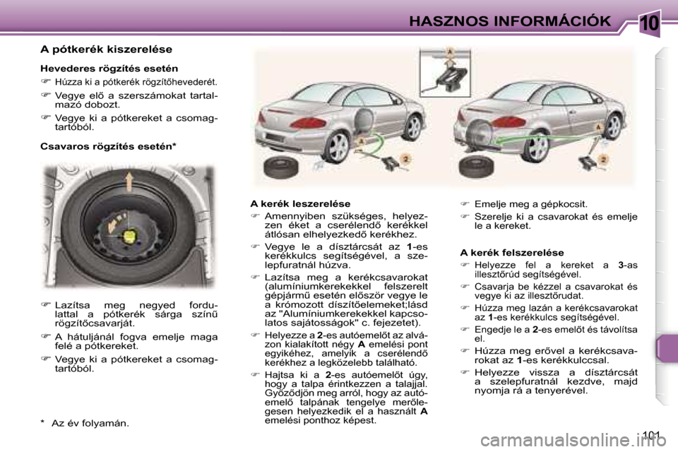 Peugeot 307 CC 2006  Kezelési útmutató (in Hungarian) �1�0�H�A�S�Z�N�O�S� �I�N�F�O�R�M�Á�C�I�Ó�K
�1�0�1
�A� �p�ó�t�k�e�r�é�k� �k�i�s�z�e�r�e�l�é�s�e
�H�e�v�e�d�e�r�e�s� �r�ö�g�z�í�t�é�s� �e�s�e�t�é�n
�� �H�ú�z�z�a� �k�i� �a� �p�ó�t�k�e�r�é