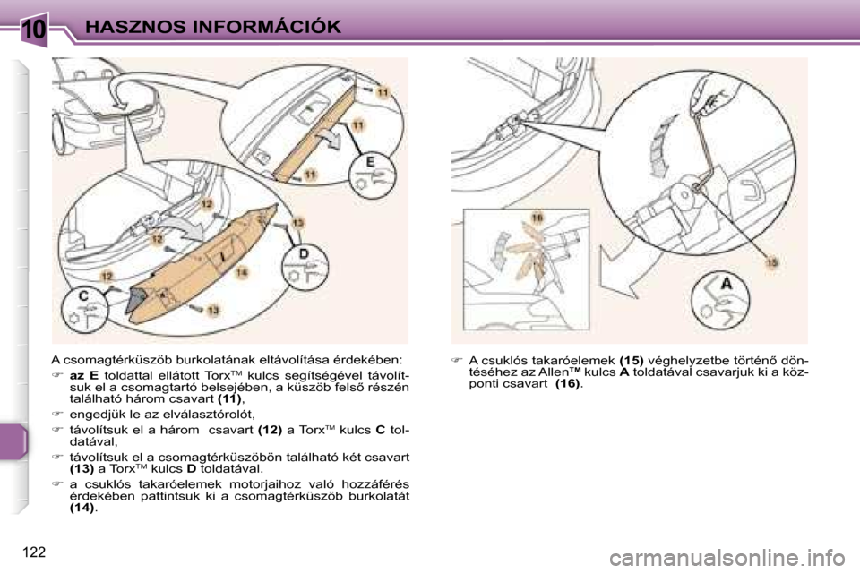 Peugeot 307 CC 2006  Kezelési útmutató (in Hungarian) �1�0�H�A�S�Z�N�O�S� �I�N�F�O�R�M�Á�C�I�Ó�K
�1�2�2
�A� �c�s�o�m�a�g�t�é�r�k�ü�s�z�ö�b� �b�u�r�k�o�l�a�t�á�n�a�k� �e�l�t�á�v�o�l�í�t�á�s�a� �é�r�d�e�k�é�b�e�n�: 
�� �a�z�  �E �  �t�o�l�d�a