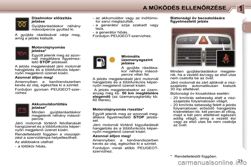 Peugeot 307 CC 2006  Kezelési útmutató (in Hungarian) �1�A� �MB�K�Ö�D�É�S� �E�L�L�E�N4�R�Z�É�S�E
�2�1
�M�o�t�o�r�o�l�a�j�n�y�o�m�á�s� �r�i�a�s�z�t�á�s�*�  
�E�g�y�ü�t�t� �j�e�l�e�n�i�k� �m�e�g� �a�z� �a�z�o�n�n�a�l�i� �m�e�g�- 
�á�l�l�á�s�r�a� 