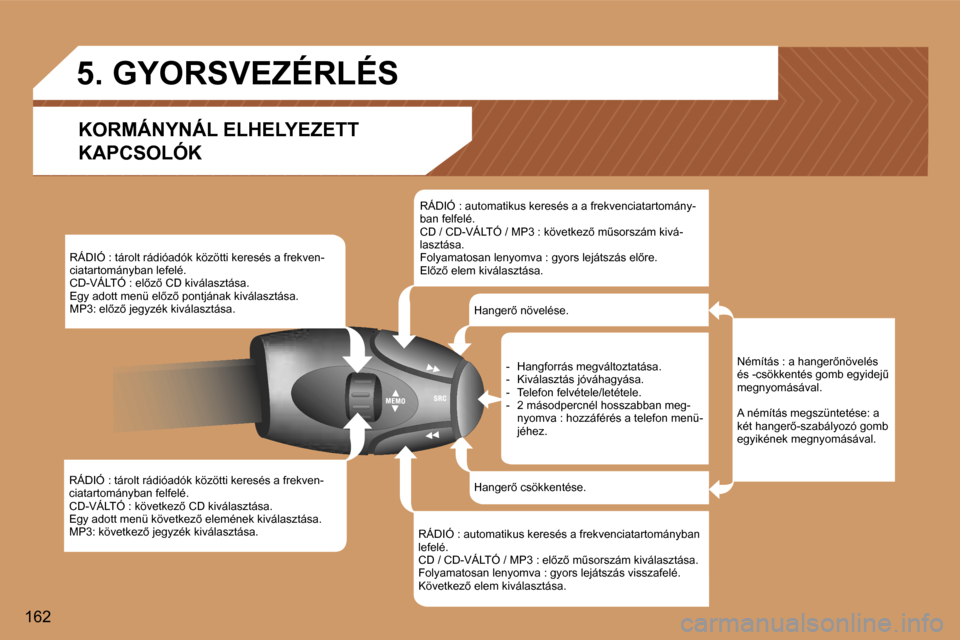 Peugeot 307 CC 2006  Kezelési útmutató (in Hungarian) �1�6�2�R�Á�D�I�Ó� �:� �t�á�r�o�l�t� �r�á�d�i�ó�a�d�ó�k� �k�ö�z�ö�t�t�i� �k�e�r�e�s�é�s� �a� �f�r�e�k�v�e�n�- 
�c�i�a�t�a�r�t�o�m�á�n�y�b�a�n� �f�e�l�f�e�l�é�.
�C�D�-�V�Á�L�T�Ó� �:� �k�ö�