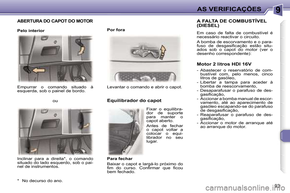 Peugeot 307 CC 2006  Manual do proprietário (in Portuguese) �9�A�S� �V�E�R�I�F�I�C�A�Ç�Õ�E�S
�9�3
�E�m�p�u�r�r�a�r�  �o�  �c�o�m�a�n�d�o�  �s�i�t�u�a�d�o�  �à�  
�e�s�q�u�e�r�d�a�,� �s�o�b� �o� �p�a�i�n�e�l� �d�e� �b�o�r�d�o�.�L�e�v�a�n�t�a�r� �o� �c�o�m�a�