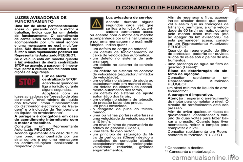 Peugeot 307 CC 2006  Manual do proprietário (in Portuguese) �1�O� �C�O�N�T�R�O�L�O� �D�E� �F�U�N�C�I�O�N�A�M�E�N�T�O
�1�9
�L�U�Z�E�S� �A�V�I�S�A�D�O�R�A�S� �D�E�  
�F�U�N�C�I�O�N�A�M�E�N�T�O
�U�m�a�  �l�u�z�  �d�e�  �a�l�e�r�t�a�  �p�e�r�m�a�n�e�n�t�e�m�e�n�t�