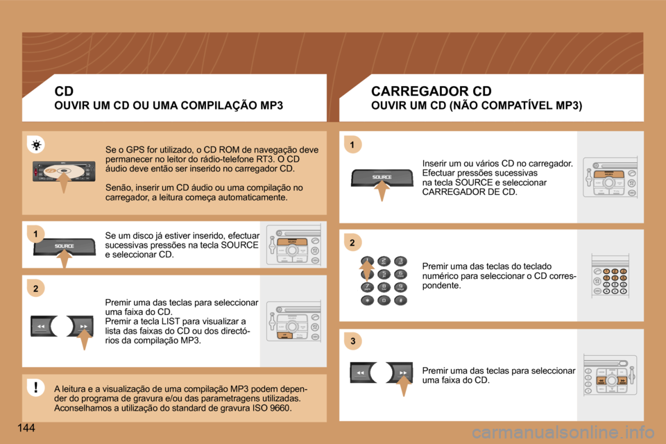 Peugeot 307 CC 2006  Manual do proprietário (in Portuguese) �2�1 
�2
�3
�1
�1�4�4 �C�D 
�O�U�V�I�R� �U�M� �C�D� �O�U� �U�M�A� �C�O�M�P�I�L�A�Ç�Ã�O� �M�P�3
�C�A�R�R�E�G�A�D�O�R� �C�D
�O�U�V�I�R� �U�M� �C�D� �(�N�Ã�O� �C�O�M�P�A�T�Í�V�E�L� �M�P�3�)
�S�e� �o�