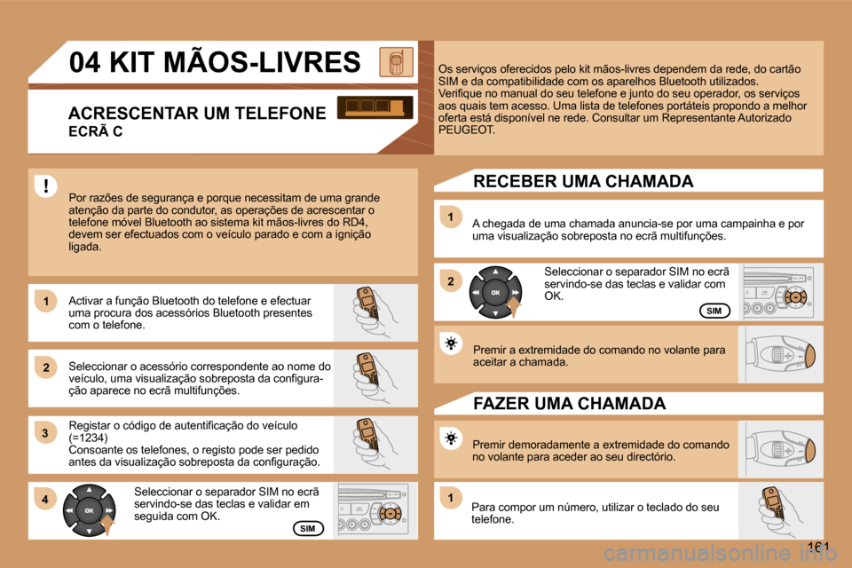 Peugeot 307 CC 2006  Manual do proprietário (in Portuguese) �1 
�2�1 
�2
�3 
�4
�1�6�1
�1
�S�I�M
�S�I�M
�S�e�l�e�c�c�i�o�n�a�r� �o� �s�e�p�a�r�a�d�o�r� �S�I�M� �n�o� �e�c�r�ã�  
�s�e�r�v�i�n�d�o�-�s�e� �d�a�s� �t�e�c�l�a�s� �e� �v�a�l�i�d�a�r� �c�o�m� 
�O�K�.