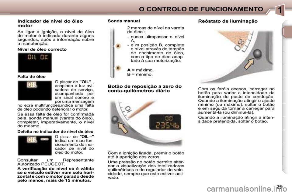 Peugeot 307 CC 2006  Manual do proprietário (in Portuguese) �1�O� �C�O�N�T�R�O�L�O� �D�E� �F�U�N�C�I�O�N�A�M�E�N�T�O
�2�5
�C�o�m�  �o�s�  �f�a�r�ó�i�s�  �a�c�e�s�o�s�,�  �c�a�r�r�e�g�a�r�  �n�o�  
�b�o�t�ã�o�  �p�a�r�a�  �v�a�r�i�a�r�  �a�  �i�n�t�e�n�s�i�d�