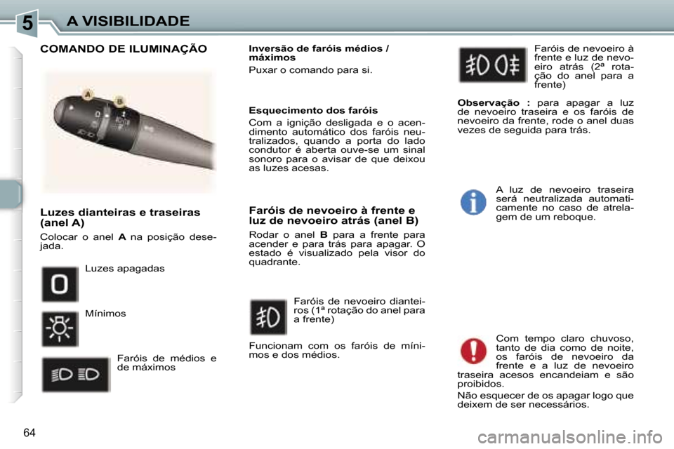 Peugeot 307 CC 2006  Manual do proprietário (in Portuguese) �5�A� �V�I�S�I�B�I�L�I�D�A�D�E
�6�4
�L�u�z�e�s� �d�i�a�n�t�e�i�r�a�s� �e� �t�r�a�s�e�i�r�a�s�  
�(�a�n�e�l� �A�)
�C�o�l�o�c�a�r�  �o�  �a�n�e�l� �A� �n�a�  �p�o�s�i�ç�ã�o�  �d�e�s�e�-
�j�a�d�a�. �I�