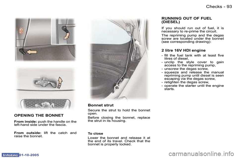 Peugeot 307 CC 2005.5  Owners Manual �C�h�e�c�k�s�9�2 �-
�0�1�-�1�0�-�2�0�0�5
�9�3�C�h�e�c�k�s�-
�0�1�-�1�0�-�2�0�0�5
�O�P�E�N�I�N�G� �T�H�E� �B�O�N�N�E�T
�F�r�o�m� �i�n�s�i�d�e�:� �p�u�s�h� �t�h�e� �h�a�n�d�l�e� �o�n� �t�h�e� 
�l�e�f�t�