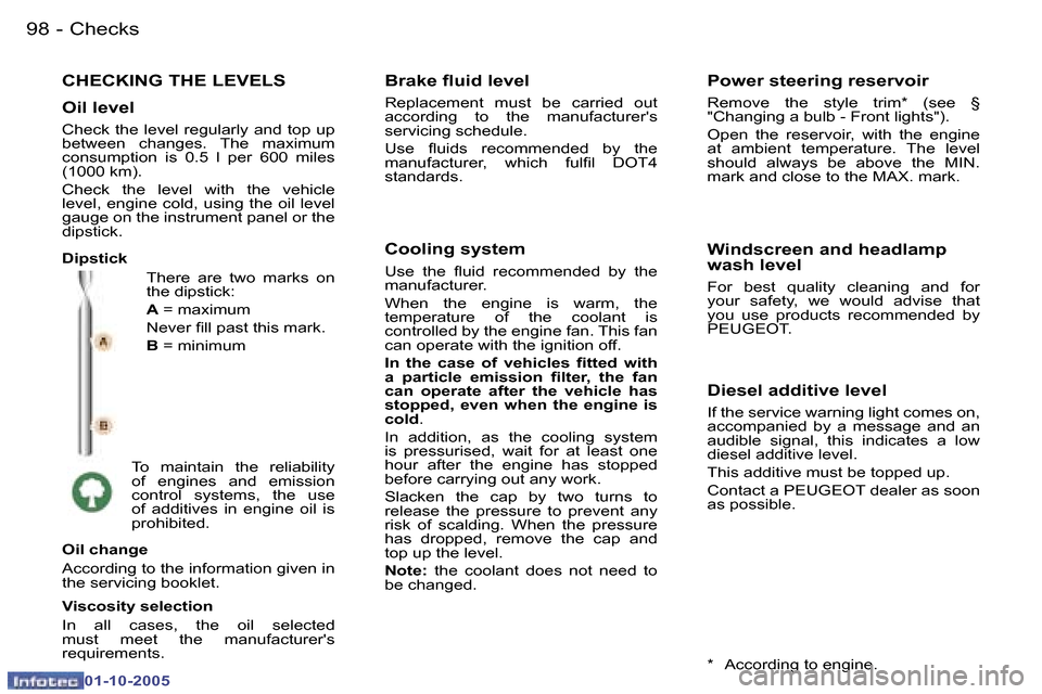 Peugeot 307 CC 2005.5  Owners Manual �C�h�e�c�k�s�9�8 �-
�0�1�-�1�0�-�2�0�0�5
�9�9�C�h�e�c�k�s�-
�0�1�-�1�0�-�2�0�0�5
�C�H�E�C�K�I�N�G� �T�H�E� �L�E�V�E�L�S
�T�h�e�r�e�  �a�r�e�  �t�w�o�  �m�a�r�k�s�  �o�n�  
�t�h�e� �d�i�p�s�t�i�c�k�: 

