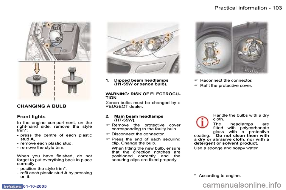 Peugeot 307 CC 2005.5  Owners Manual �P�r�a�c�t�i�c�a�l� �i�n�f�o�r�m�a�t�i�o�n�1�0�2 �-
�0�1�-�1�0�-�2�0�0�5
�1�0�3�P�r�a�c�t�i�c�a�l� �i�n�f�o�r�m�a�t�i�o�n�-
�0�1�-�1�0�-�2�0�0�5
�C�H�A�N�G�I�N�G� �A� �B�U�L�B
�F�r�o�n�t� �l�i�g�h�t�s