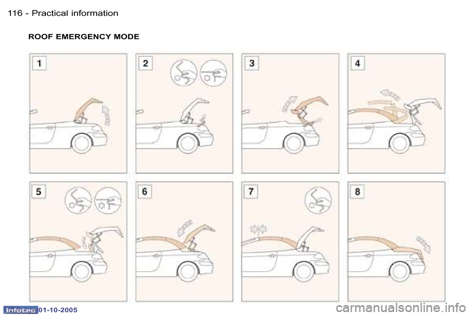 Peugeot 307 CC 2005.5  Owners Manual �P�r�a�c�t�i�c�a�l� �i�n�f�o�r�m�a�t�i�o�n�1�1�6 �-
�0�1�-�1�0�-�2�0�0�5
�1�1�7�P�r�a�c�t�i�c�a�l� �i�n�f�o�r�m�a�t�i�o�n�-
�0�1�-�1�0�-�2�0�0�5
�R�O�O�F� �E�M�E�R�G�E�N�C�Y� �M�O�D�E  