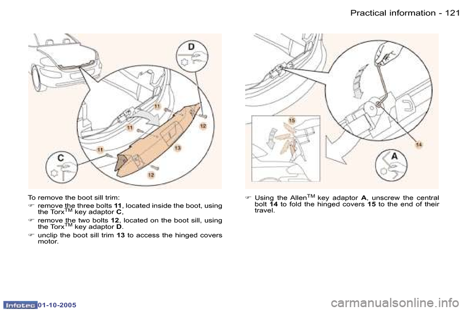 Peugeot 307 CC 2005.5  Owners Manual �P�r�a�c�t�i�c�a�l� �i�n�f�o�r�m�a�t�i�o�n�1�2�0 �-
�0�1�-�1�0�-�2�0�0�5
�1�2�1�P�r�a�c�t�i�c�a�l� �i�n�f�o�r�m�a�t�i�o�n�-
�0�1�-�1�0�-�2�0�0�5
�T�o� �r�e�m�o�v�e� �t�h�e� �b�o�o�t� �s�i�l�l� �t�r�i�