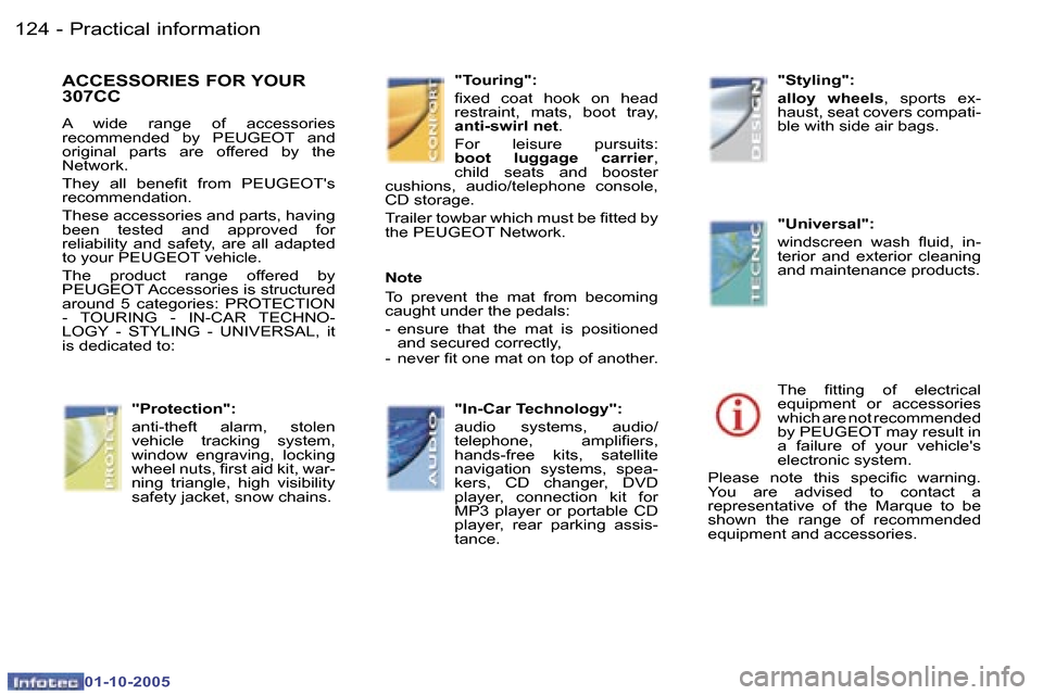 Peugeot 307 CC 2005.5  Owners Manual �P�r�a�c�t�i�c�a�l� �i�n�f�o�r�m�a�t�i�o�n�1�2�4 �-
�0�1�-�1�0�-�2�0�0�5
�A�C�C�E�S�S�O�R�I�E�S� �F�O�R� �Y�O�U�R�  
�3�0�7�C�C
�A�  �w�i�d�e�  �r�a�n�g�e�  �o�f�  �a�c�c�e�s�s�o�r�i�e�s�  
�r�e�c�o�m