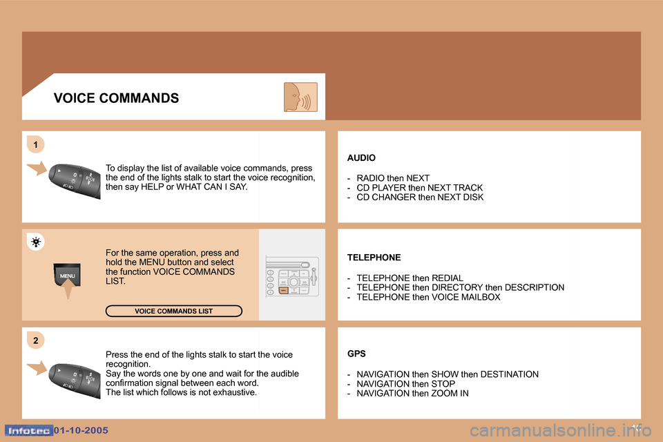 Peugeot 307 CC 2005.5  Owners Manual �1�6
�2
�1
�0�1�-�1�0�-�2�0�0�5�0�1�-�1�0�-�2�0�0�5
�P�r�e�s�s� �t�h�e� �e�n�d� �o�f� �t�h�e� �l�i�g�h�t�s� �s�t�a�l�k� �t�o� �s�t�a�r�t� �t�h�e� �v�o�i�c
�e� 
�r�e�c�o�g�n�i�t�i�o�n�. 
�S�a�y� �t�h�e