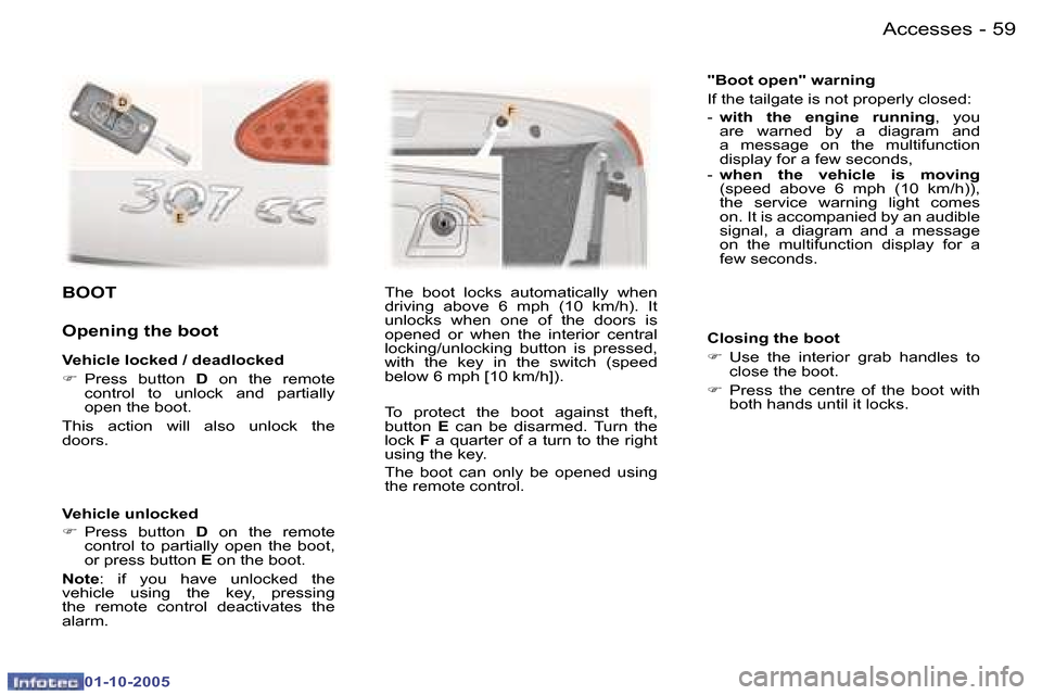 Peugeot 307 CC 2005.5 Repair Manual �A�c�c�e�s�s�e�s�5�8 �-
�0�1�-�1�0�-�2�0�0�5
�5�9�A�c�c�e�s�s�e�s�-
�0�1�-�1�0�-�2�0�0�5
�V�e�h�i�c�l�e� �u�n�l�o�c�k�e�d 
�F� �P�r�e�s�s�  �b�u�t�t�o�n�  �D�  �o�n�  �t�h�e�  �r�e�m�o�t�e� 
�c�o�n�t�