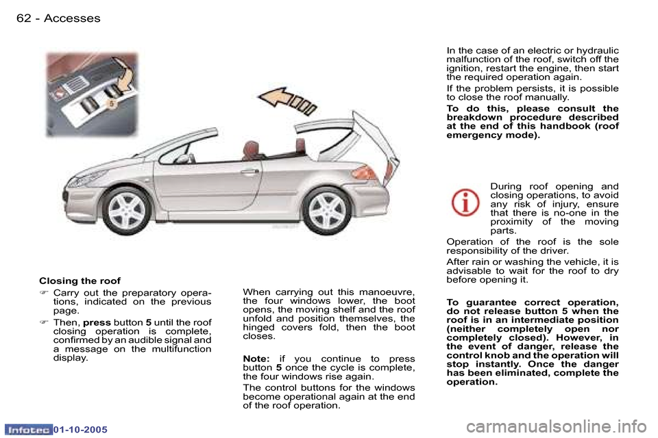 Peugeot 307 CC 2005.5 Repair Manual �A�c�c�e�s�s�e�s�6�2 �-
�0�1�-�1�0�-�2�0�0�5
�6�3�A�c�c�e�s�s�e�s�-
�0�1�-�1�0�-�2�0�0�5
�C�l�o�s�i�n�g� �t�h�e� �r�o�o�f 
�F�  �C�a�r�r�y�  �o�u�t�  �t�h�e�  �p�r�e�p�a�r�a�t�o�r�y�  �o�p�e�r�a�-
�t�