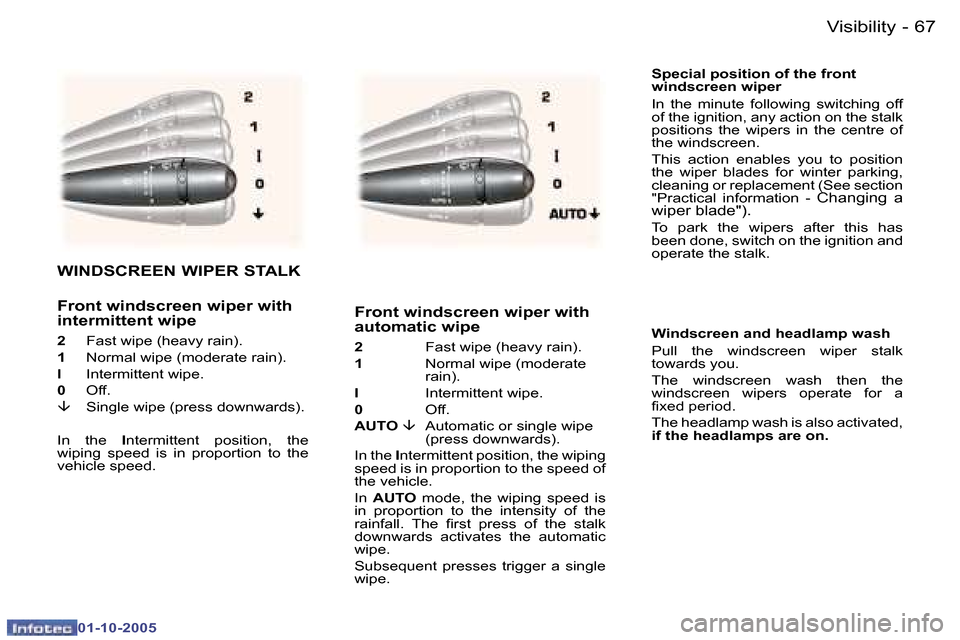 Peugeot 307 CC 2005.5 Manual PDF �V�i�s�i�b�i�l�i�t�y�6�6 �-
�0�1�-�1�0�-�2�0�0�5
�6�7�V�i�s�i�b�i�l�i�t�y�-
�0�1�-�1�0�-�2�0�0�5
�S�p�e�c�i�a�l� �p�o�s�i�t�i�o�n� �o�f� �t�h�e� �f�r�o�n�t�  
�w�i�n�d�s�c�r�e�e�n� �w�i�p�e�r
�I�n�  �