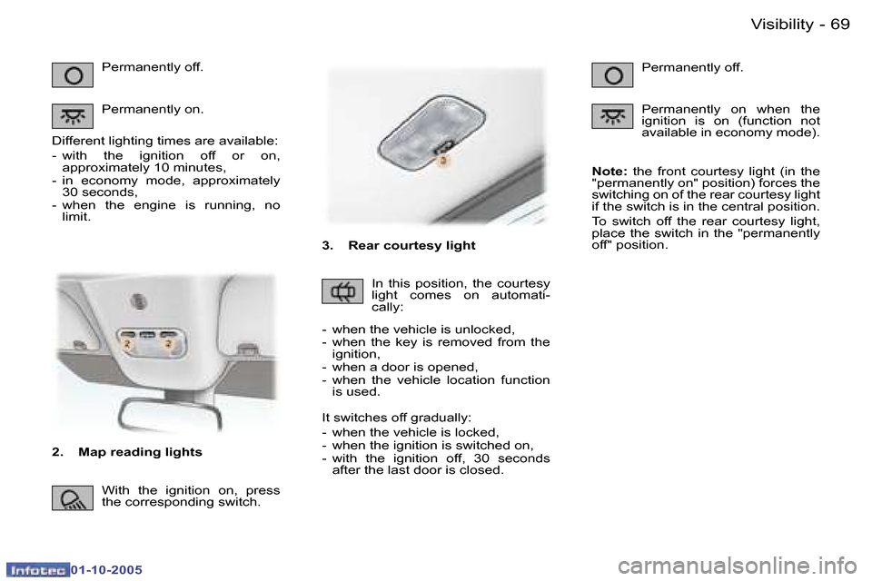 Peugeot 307 CC 2005.5 Manual PDF �V�i�s�i�b�i�l�i�t�y�6�8 �-
�0�1�-�1�0�-�2�0�0�5
�6�9�V�i�s�i�b�i�l�i�t�y�-
�0�1�-�1�0�-�2�0�0�5
�2�.�  �M�a�p� �r�e�a�d�i�n�g� �l�i�g�h�t�s�P�e�r�m�a�n�e�n�t�l�y� �o�f�f�. 
�P�e�r�m�a�n�e�n�t�l�y� �o