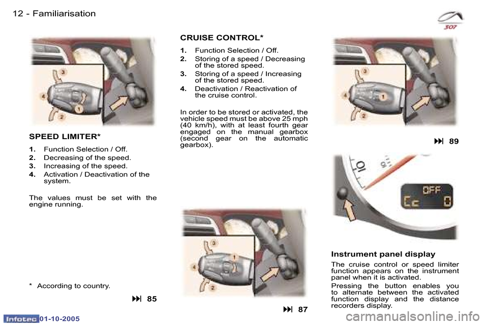 Peugeot 307 CC 2005.5  Owners Manual �1�2 �-�F�a�m�i�l�i�a�r�i�s�a�t�i�o�n�1�3
�-
�F�a�m�i�l�i�a�r�i�s�a�t�i�o�n
�S�P�E�E�D� �L�I�M�I�T�E�R�*
�1�.
�  �F�u�n�c�t�i�o�n� �S�e�l�e�c�t�i�o�n� �/� �O�f�f�.
�2�. �  �D�e�c�r�e�a�s�i�n�g� �o�f� 