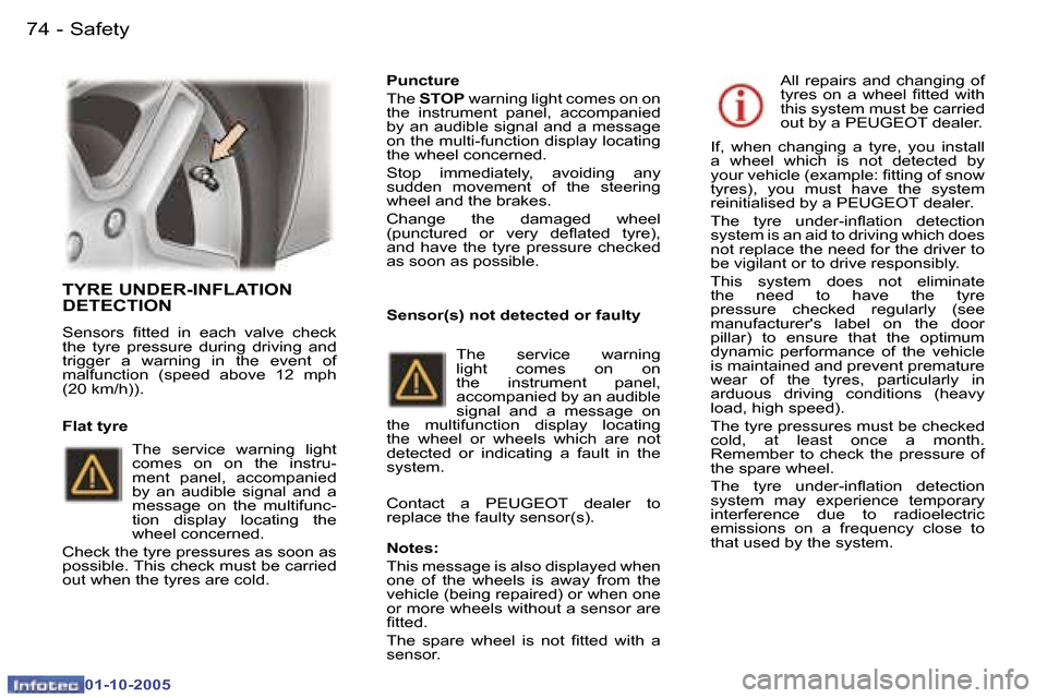 Peugeot 307 CC 2005.5 Manual Online �S�a�f�e�t�y�7�4 �-
�0�1�-�1�0�-�2�0�0�5
�7�5�S�a�f�e�t�y�-
�0�1�-�1�0�-�2�0�0�5
�T�Y�R�E� �U�N�D�E�R�-�I�N�F�L�A�T�I�O�N�  
�D�E�T�E�C�T�I�O�N
�S�e�n�s�o�r�s�  �i�t�t�e�d�  �i�n�  �e�a�c�h�  �v�a�l�v