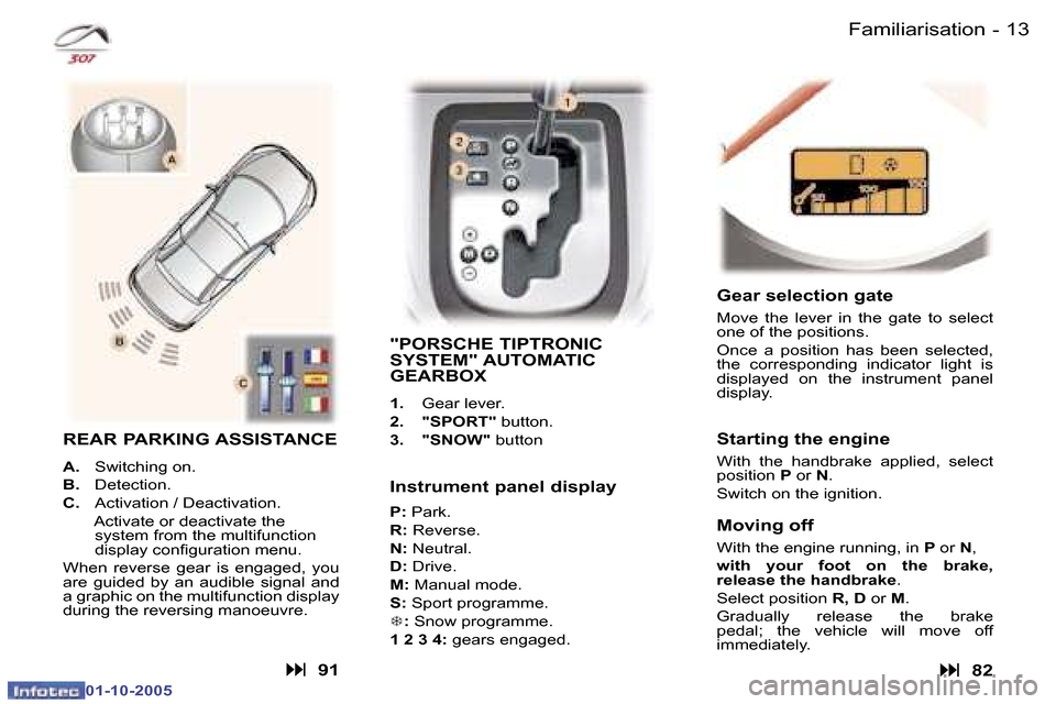 Peugeot 307 CC 2005.5  Owners Manual �1�2 �-�F�a�m�i�l�i�a�r�i�s�a�t�i�o�n�1�3
�-
�F�a�m�i�l�i�a�r�i�s�a�t�i�o�n
�I�n�s�t�r�u�m�e�n�t� �p�a�n�e�l� �d�i�s�p�l�a�y
�P�:
� �P�a�r�k�.
�R�: � �R�e�v�e�r�s�e�.
�N�: � �N�e�u�t�r�a�l�.
�D�: � �D