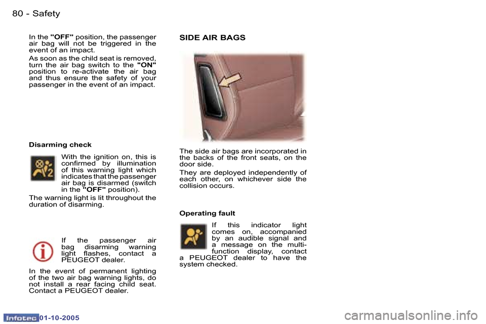 Peugeot 307 CC 2005.5 Owners Manual �S�a�f�e�t�y�8�0 �-
�0�1�-�1�0�-�2�0�0�5
�8�1�S�a�f�e�t�y�-
�0�1�-�1�0�-�2�0�0�5
�I�n� �t�h�e� �"�O�F�F�"�  �p�o�s�i�t�i�o�n�,� �t�h�e� �p�a�s�s�e�n�g�e�r� 
�a�i�r�  �b�a�g�  �w�i�l�l�  �n�o�t�  �b�e�