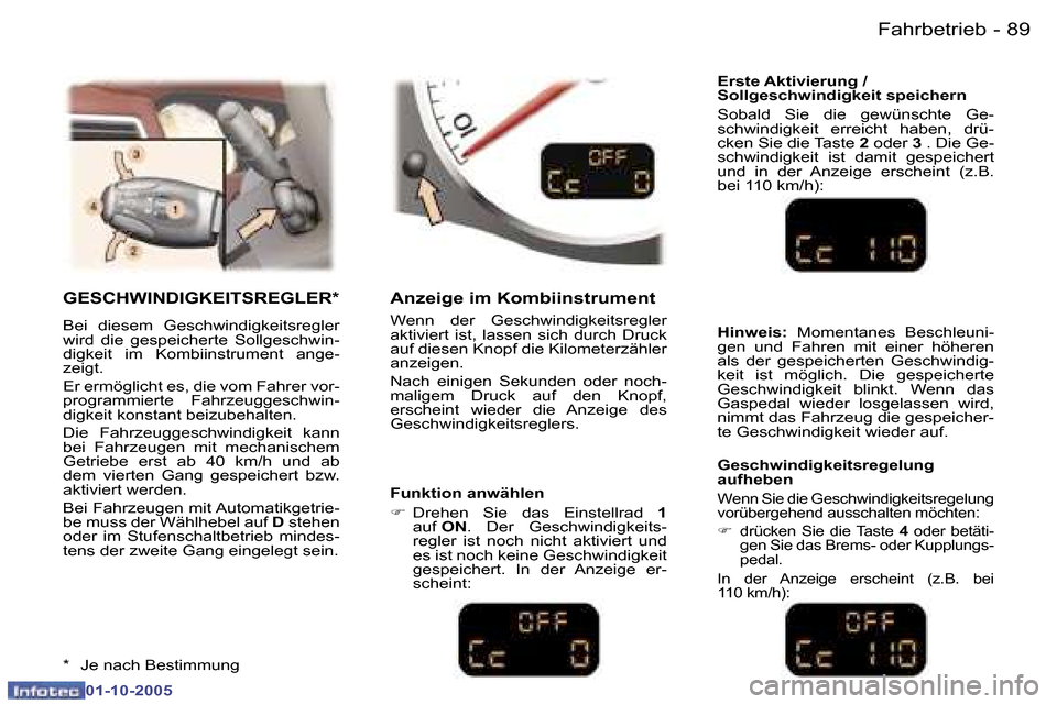 Peugeot 307 CC 2005.5  Betriebsanleitung (in German) �F�a�h�r�b�e�t�r�i�e�b�8�8 �-
�0�1�-�1�0�-�2�0�0�5
�8�9�F�a�h�r�b�e�t�r�i�e�b�-
�0�1�-�1�0�-�2�0�0�5
�E�r�s�t�e� �A�k�t�i�v�i�e�r�u�n�g� �/�  
�S�o�l�l�g�e�s�c�h�w�i�n�d�i�g�k�e�i�t� �s�p�e�i�c�h�e�r�
